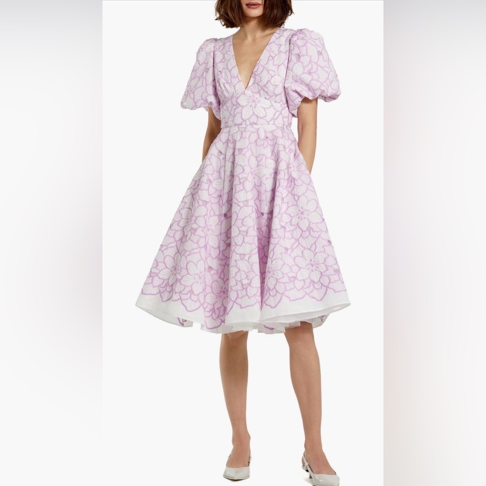 Mac Duggal Pink Floral Embroidered Fit & Flare Dress Sz 6 Puff Sleeve Spring